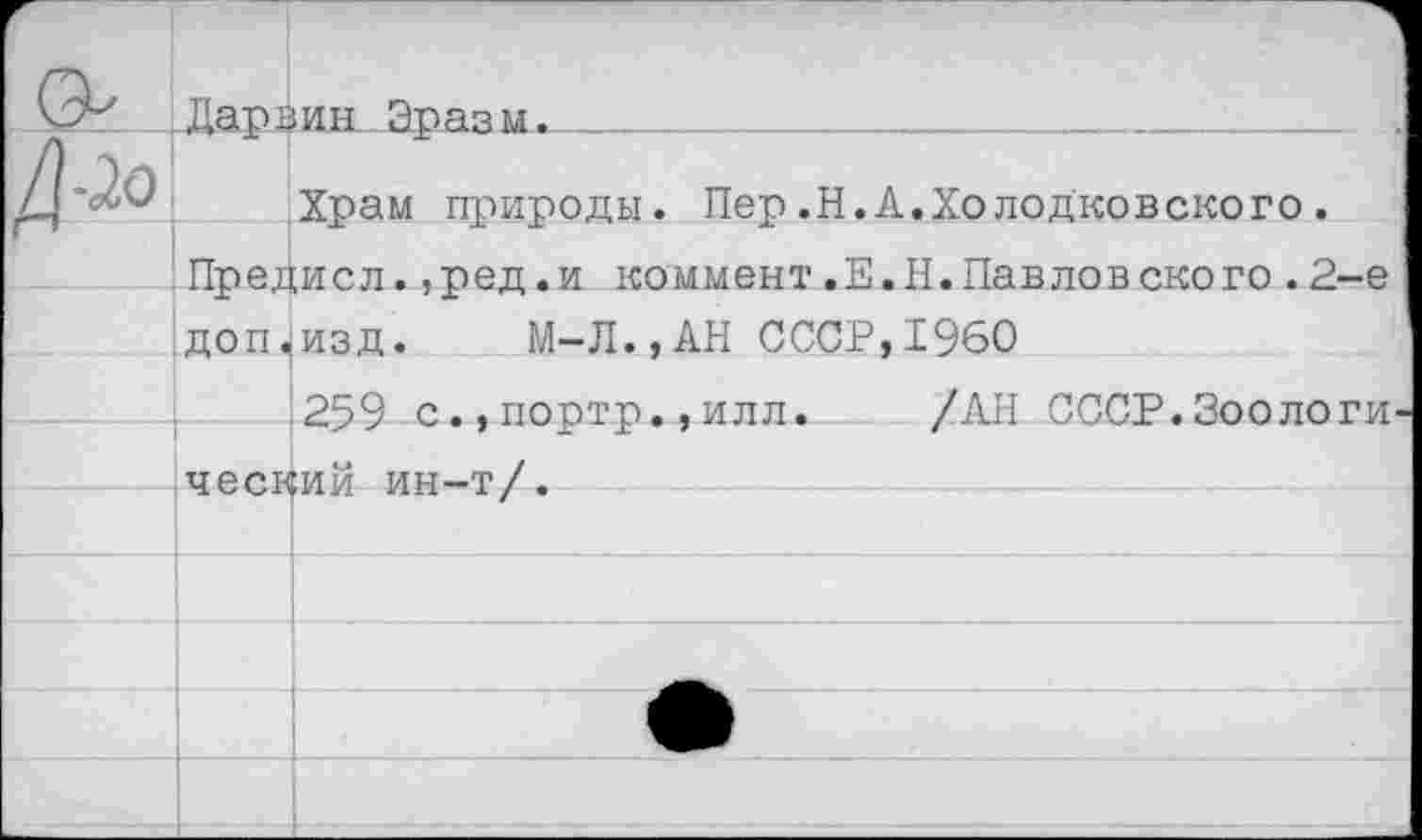 ﻿Дарзин Эразм._____
Храм природы. Пер.Н.А.Холодковского.
Предисл.,ред.и коммент.Е.Н.Павловского.2-е
доп,изд. М-Л.,АН СССР,1960
)259 с.,портр.,илл. /АН СССР.Зоологи ческий ин-т/.